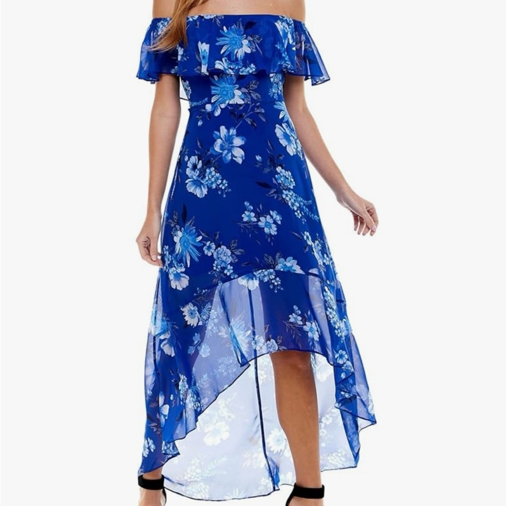 Crystal Doll Ruffle Chiffon Floral Off Shoulder Maxi Hi Lo Dress Blue
